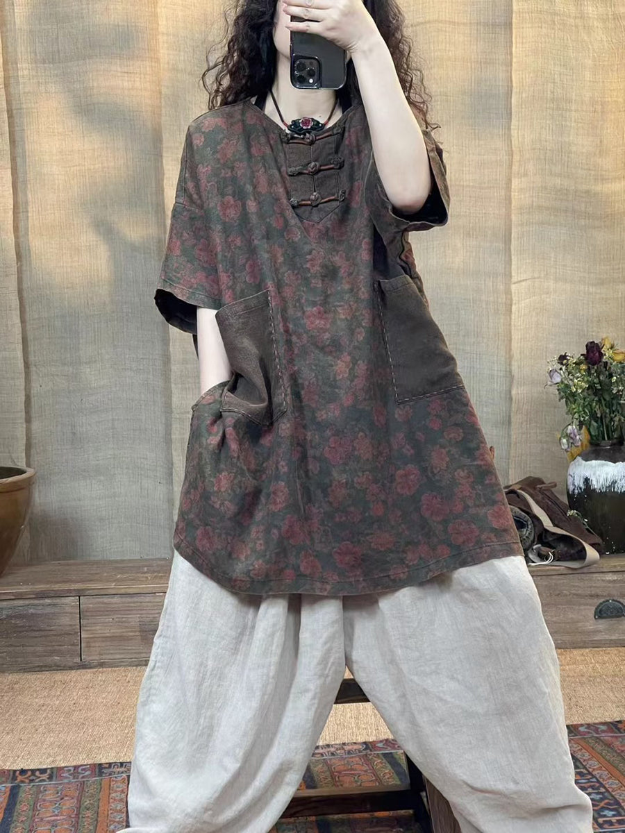 Women Summer Vintage Flower Spliced Buckle Linen Shirt