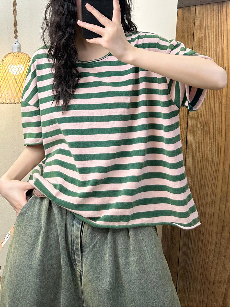 Women Summer Casual Stripe Cotton Pullover Shirt