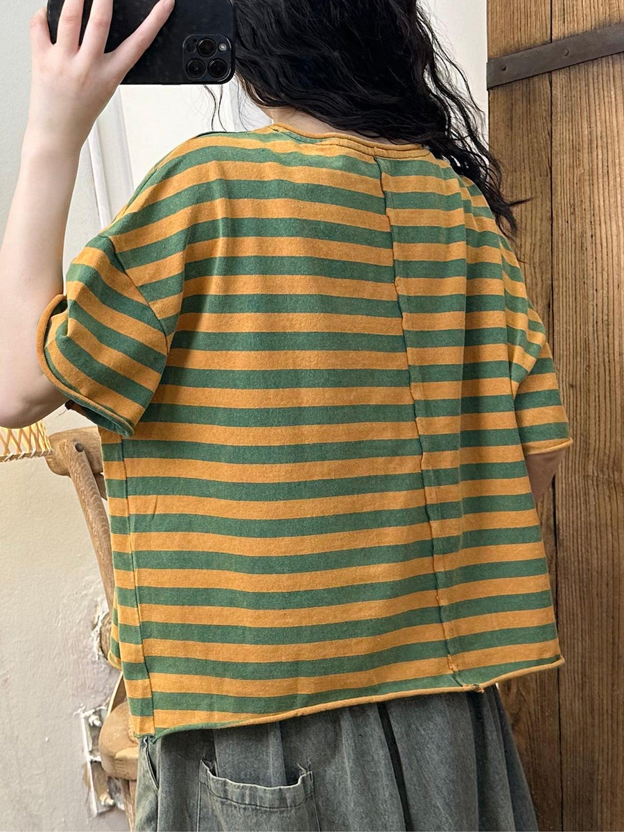 Women Summer Casual Stripe Cotton Pullover Shirt