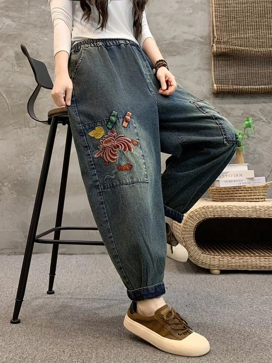 Women Summer Retro Flower Embroidery Denim Harem Pants