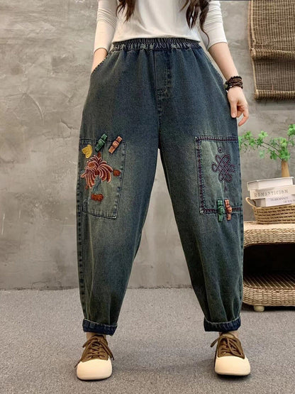 Women Summer Retro Flower Embroidery Denim Harem Pants