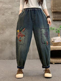 Women Summer Retro Flower Embroidery Denim Harem Pants