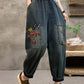 Women Summer Retro Flower Embroidery Denim Harem Pants