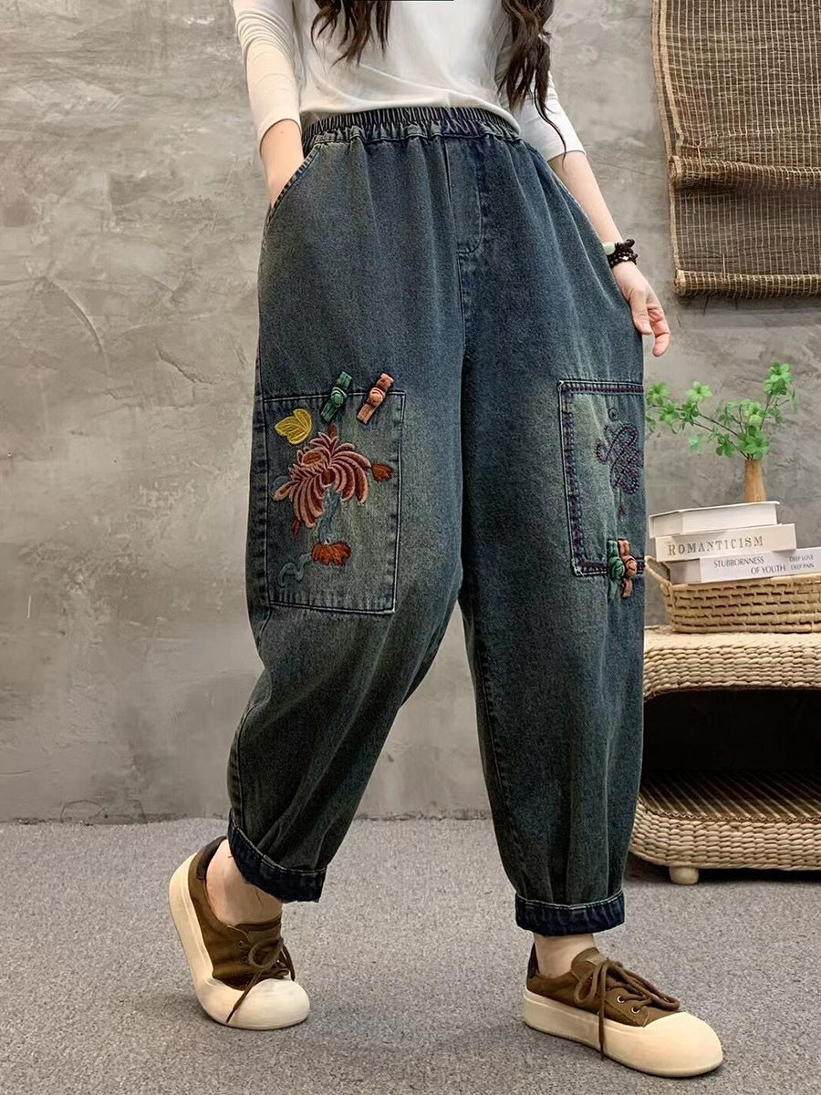 Women Summer Retro Flower Embroidery Denim Harem Pants