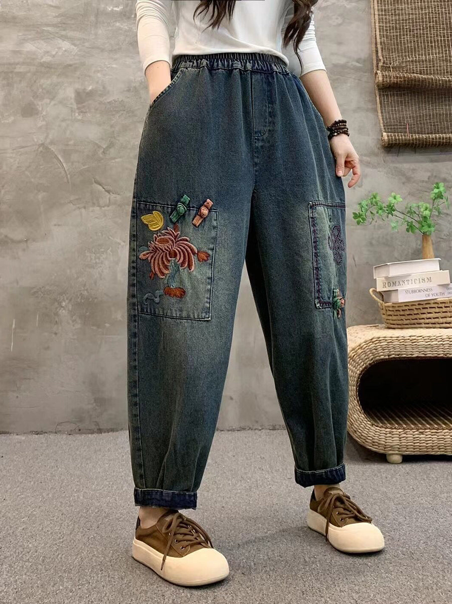 Women Summer Retro Flower Embroidery Denim Harem Pants