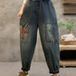 Women Summer Retro Flower Embroidery Denim Harem Pants