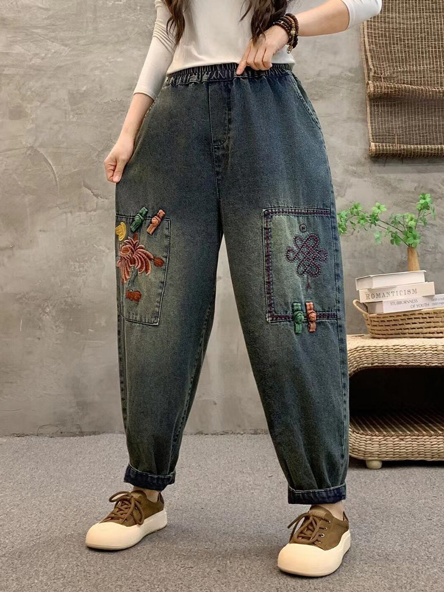 Women Summer Retro Flower Embroidery Denim Harem Pants