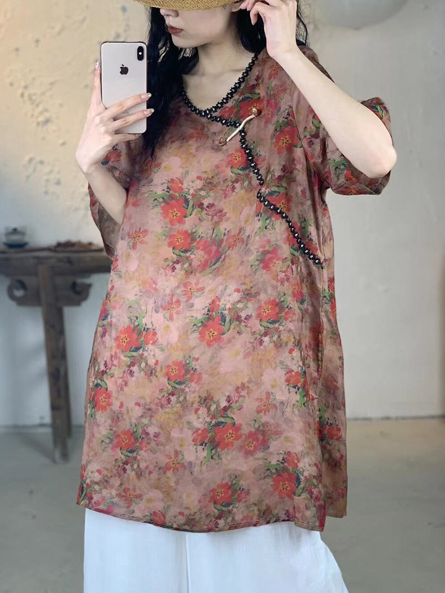 Women Summer Vintage Flower V-Neck Long Ramie Shirt