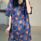 Women Summer Vintage Flower V-Neck Long Ramie Shirt