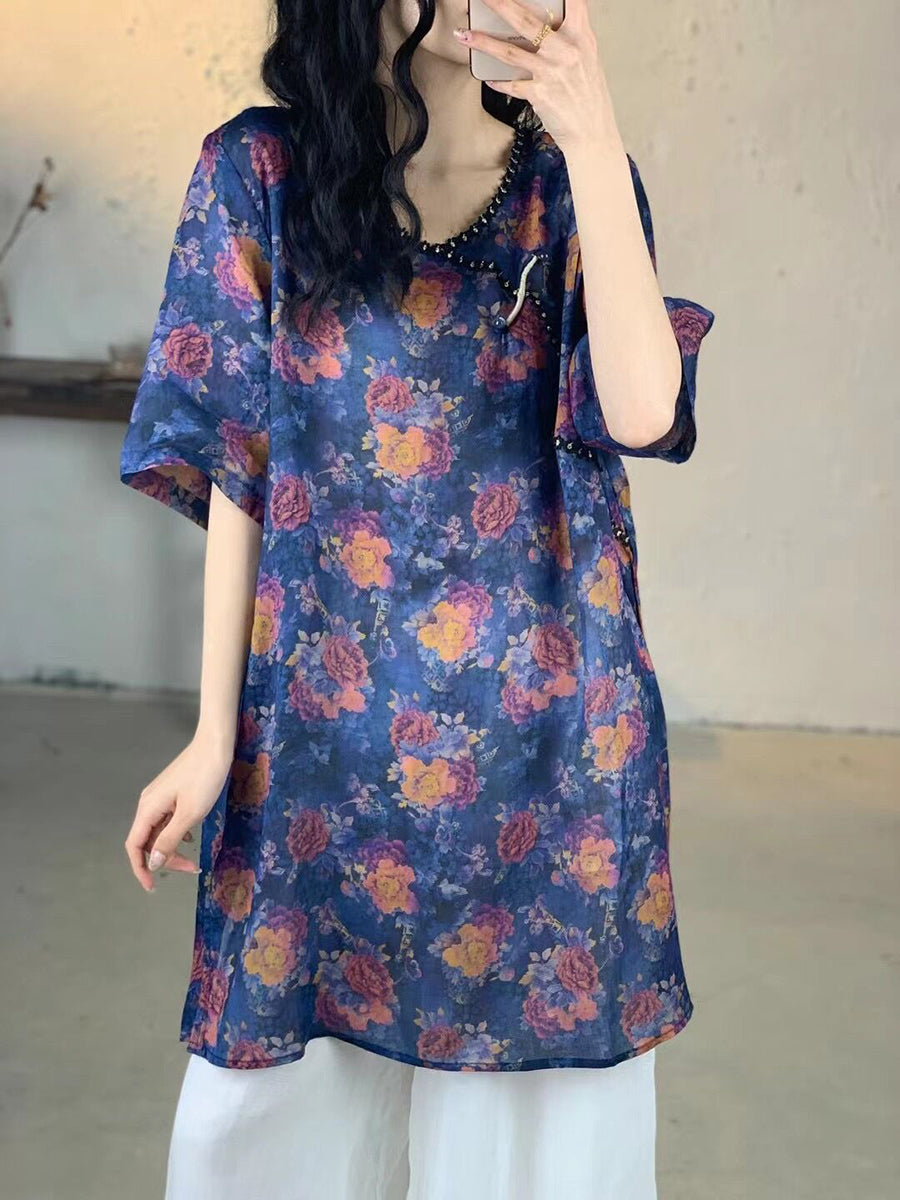 Women Summer Vintage Flower V-Neck Long Ramie Shirt