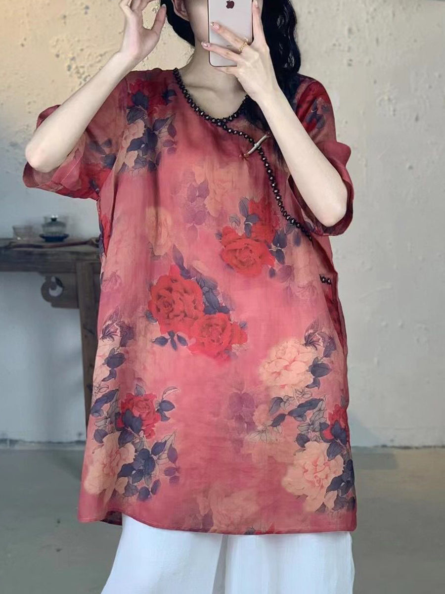 Women Summer Vintage Flower V-Neck Long Ramie Shirt