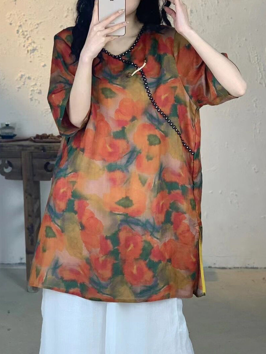 Women Summer Vintage Flower V-Neck Long Ramie Shirt