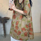 Women Summer Vintage Flower V-Neck Long Ramie Shirt