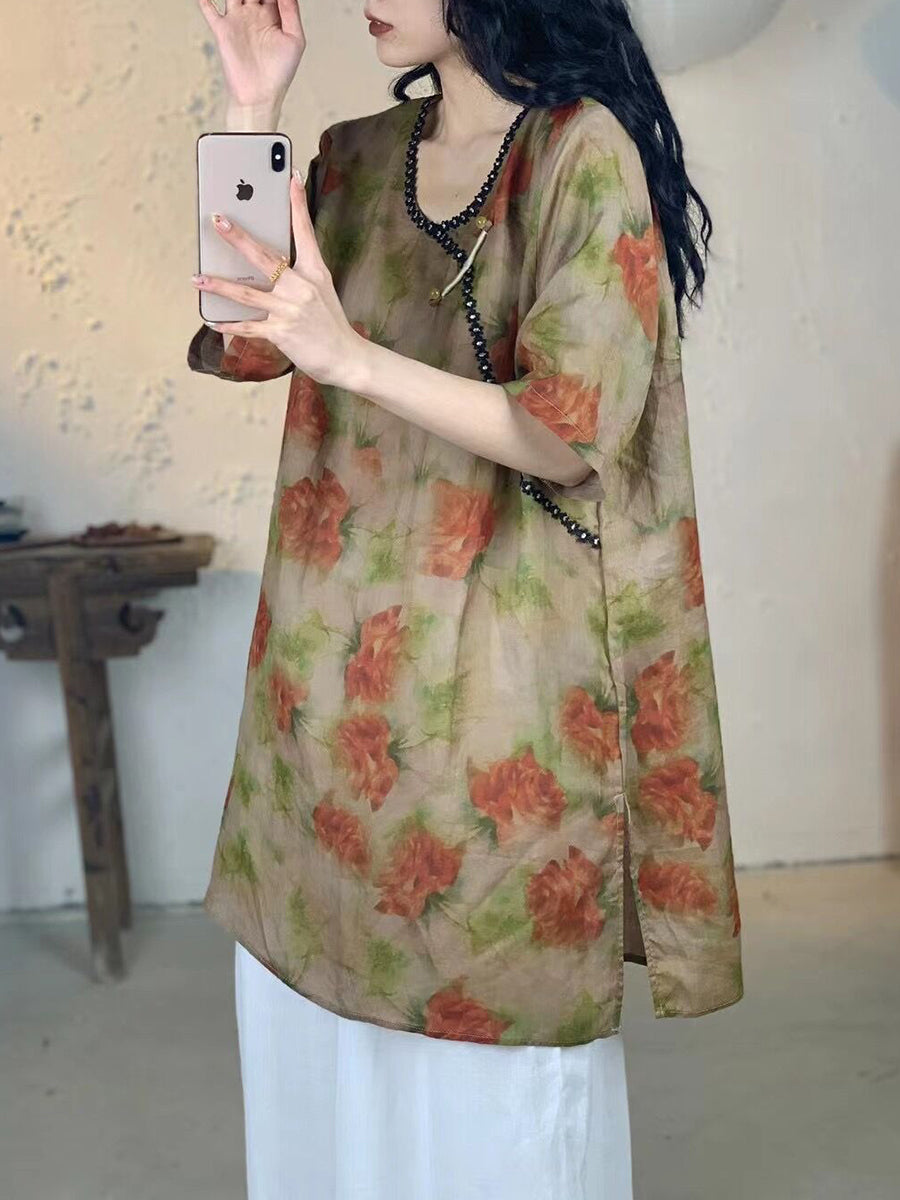 Women Summer Vintage Flower V-Neck Long Ramie Shirt