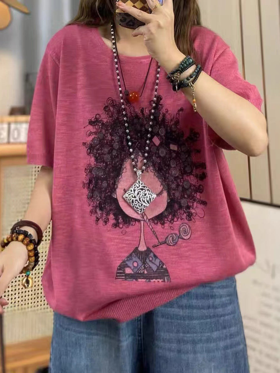 Women Summer Casual Print Knitted O-Neck Shirt