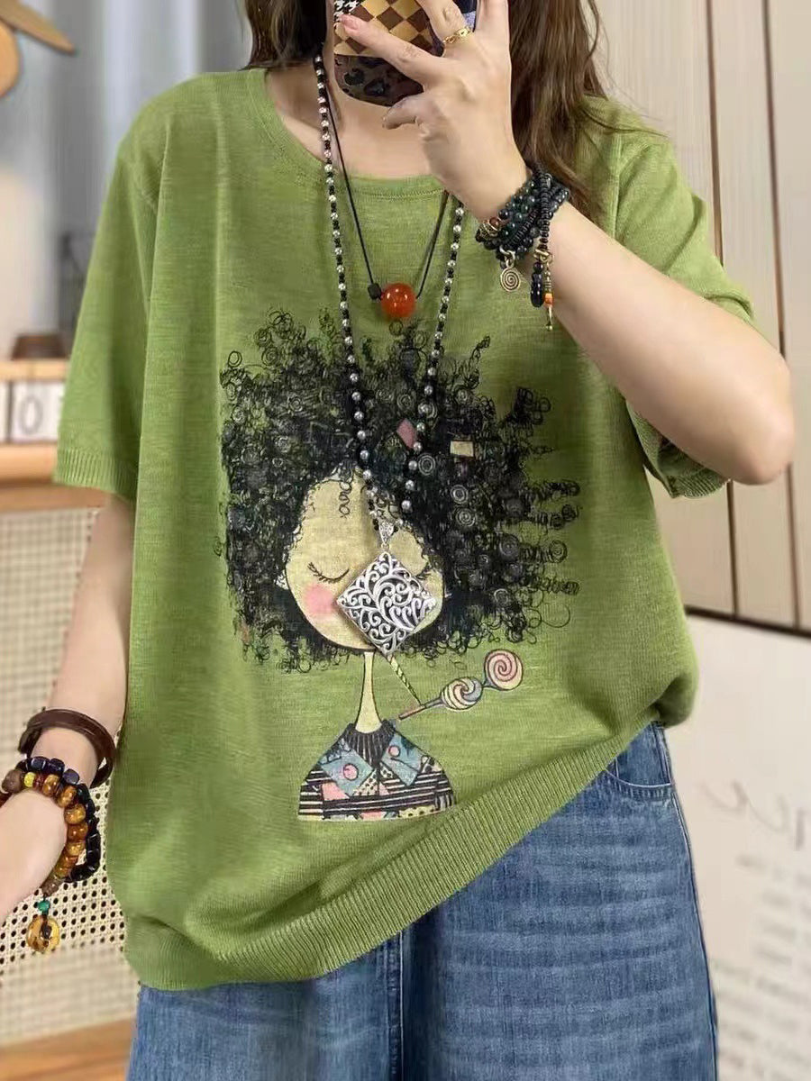 Women Summer Casual Print Knitted O-Neck Shirt