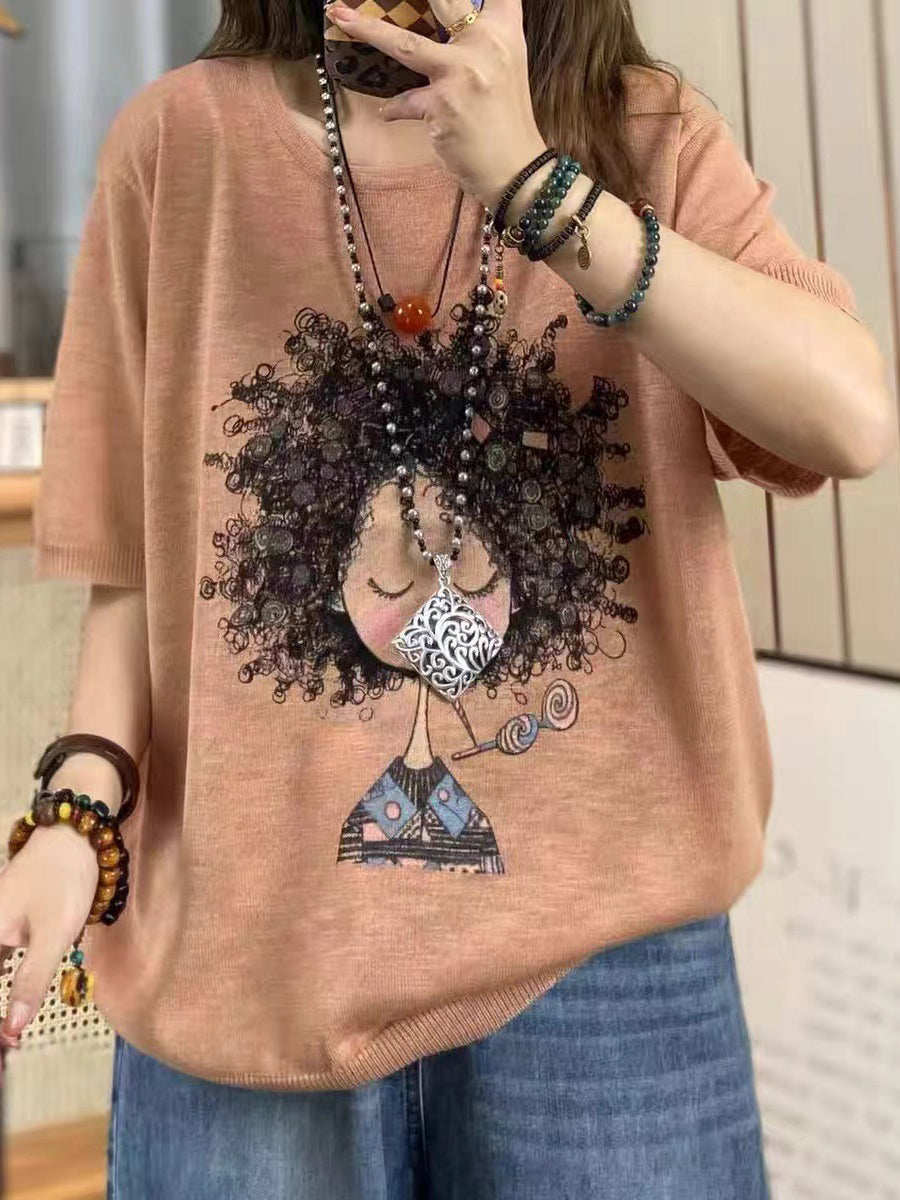 Women Summer Casual Print Knitted O-Neck Shirt