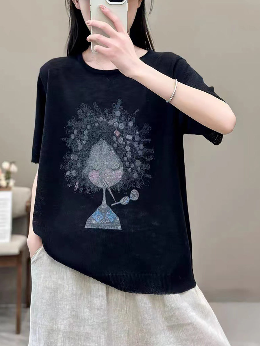 Women Summer Casual Print Knitted O-Neck Shirt