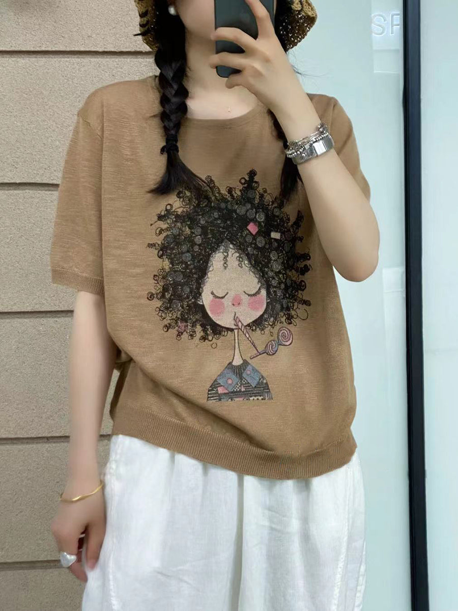 Women Summer Casual Print Knitted O-Neck Shirt