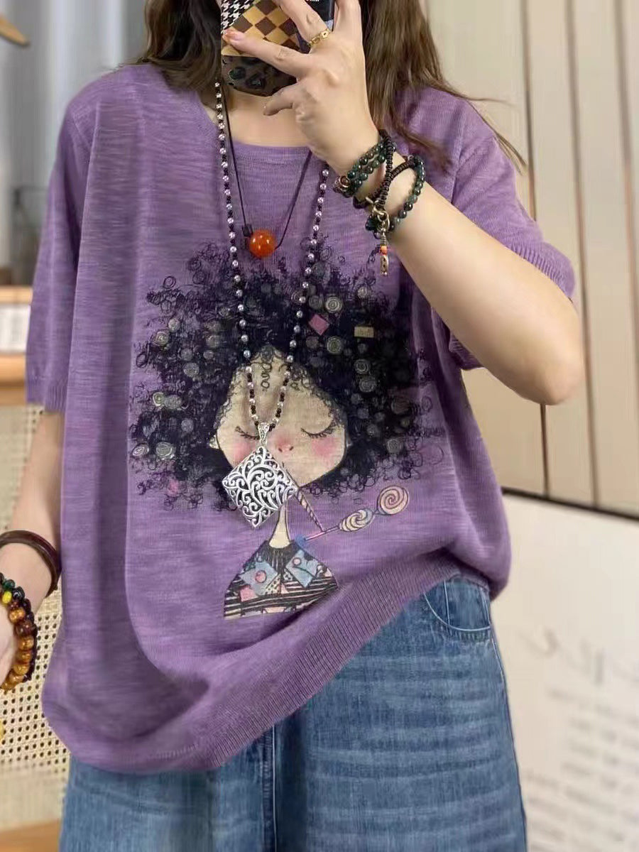 Women Summer Casual Print Knitted O-Neck Shirt