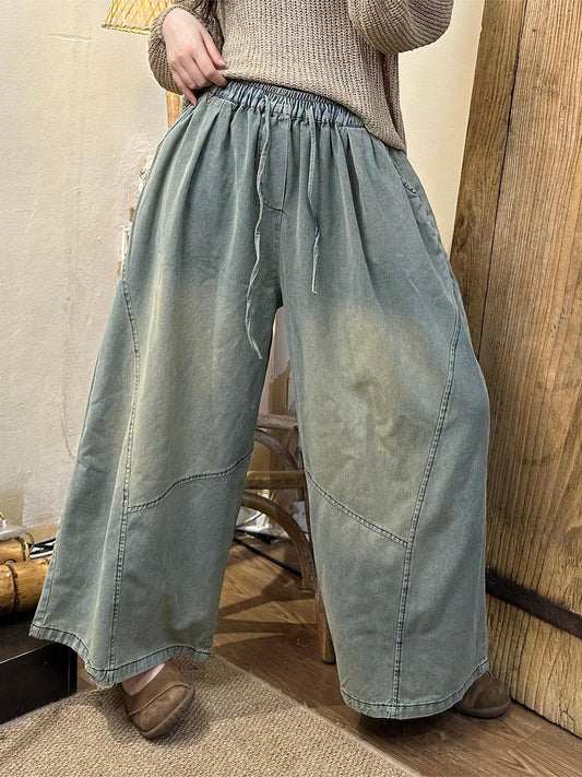 Women Summer Retro Spliced Denim Wide-leg Pants