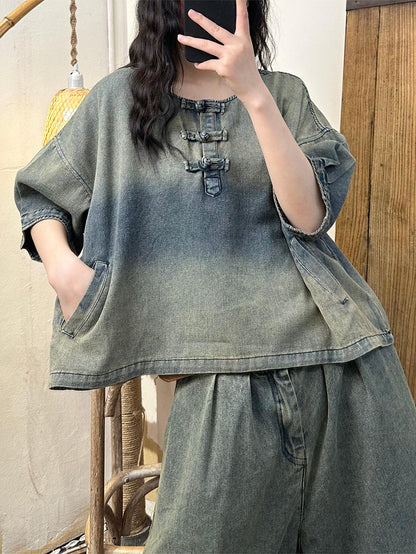 Women Summer Vintage Washed Denim Shirt