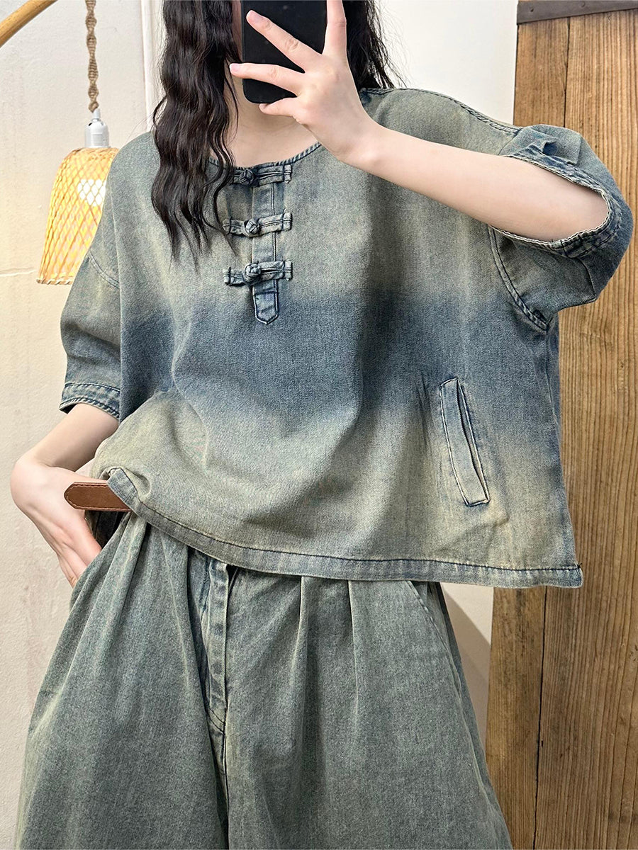 Women Summer Vintage Washed Denim Shirt