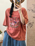 Women Summer Artsy Flower Embroidery Cotton Spliced Shirt