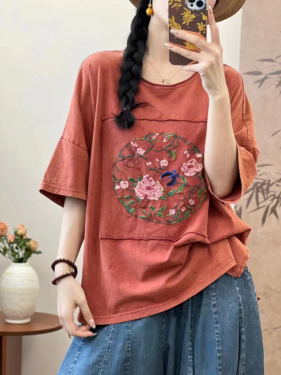 Women Summer Artsy Flower Embroidery Cotton Spliced Shirt