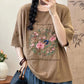 Women Summer Artsy Flower Embroidery Cotton Spliced Shirt