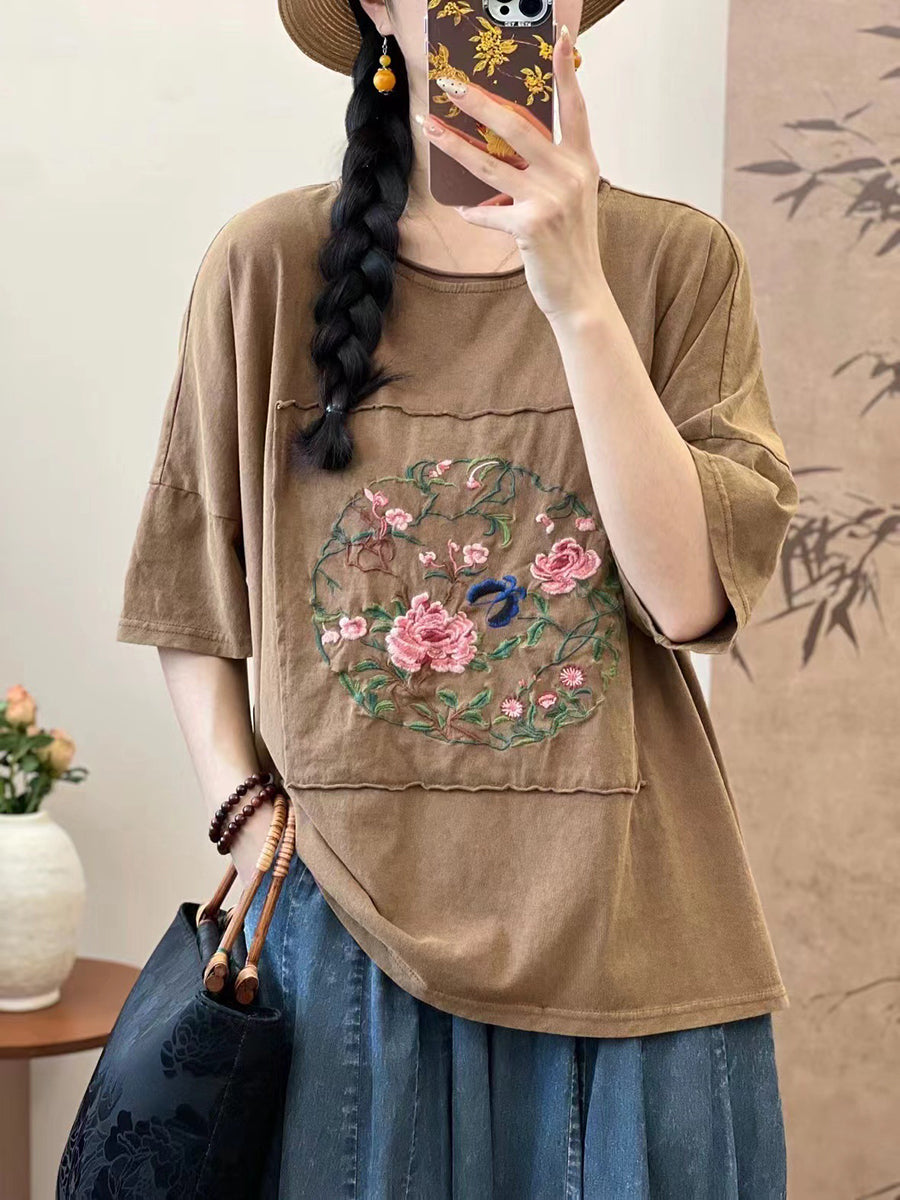 Women Summer Artsy Flower Embroidery Cotton Spliced Shirt