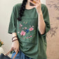 Women Summer Artsy Flower Embroidery Cotton Spliced Shirt