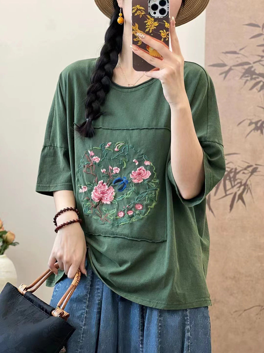 Women Summer Artsy Flower Embroidery Cotton Spliced Shirt