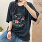 Women Summer Artsy Flower Embroidery Cotton Spliced Shirt