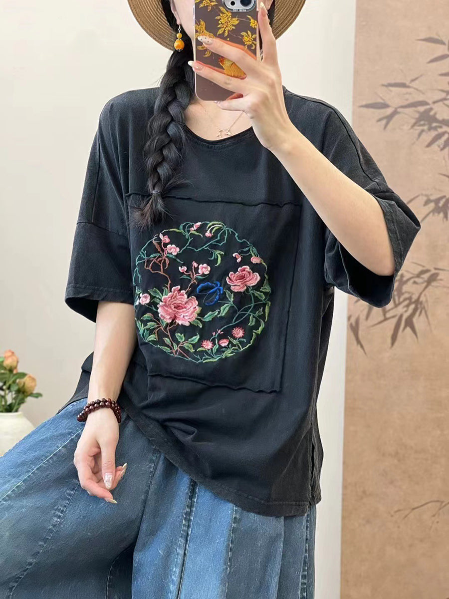 Women Summer Artsy Flower Embroidery Cotton Spliced Shirt