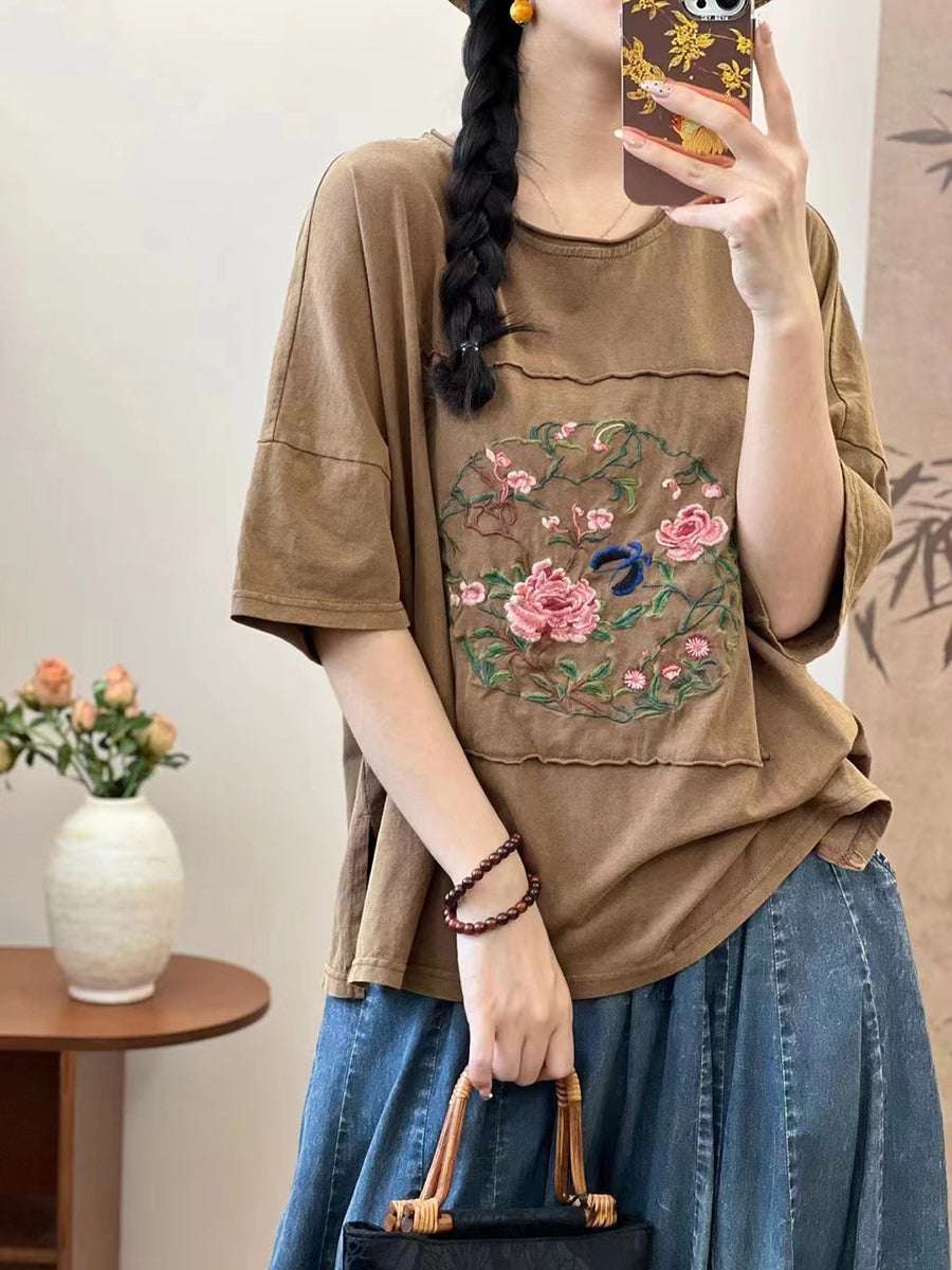 Women Summer Artsy Flower Embroidery Cotton Spliced Shirt