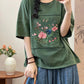 Women Summer Artsy Flower Embroidery Cotton Spliced Shirt