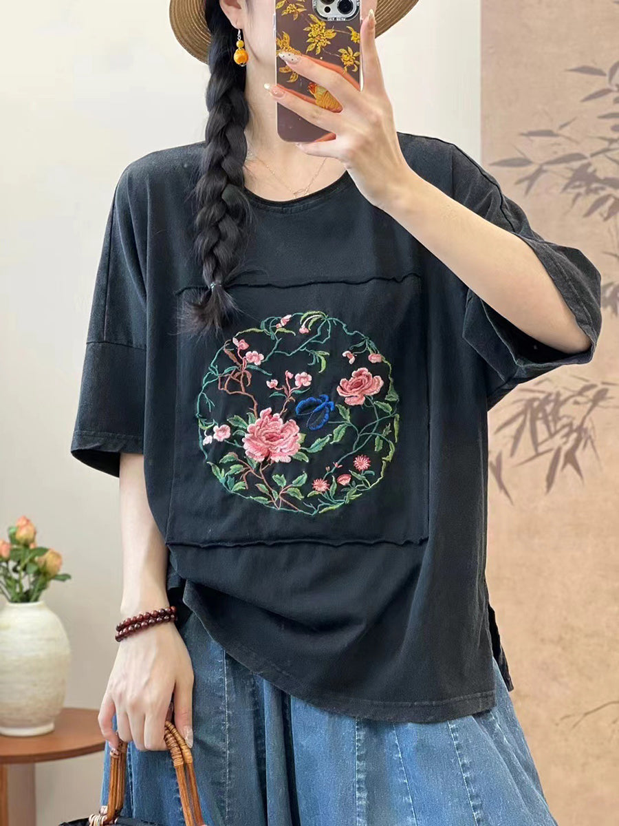 Women Summer Artsy Flower Embroidery Cotton Spliced Shirt