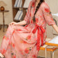 Women Summer Vintage Flower Strap V-Neck Ramie Dress