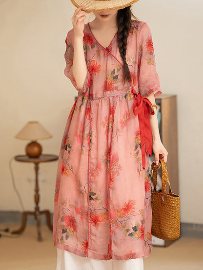 Women Summer Vintage Flower Strap V-Neck Ramie Dress