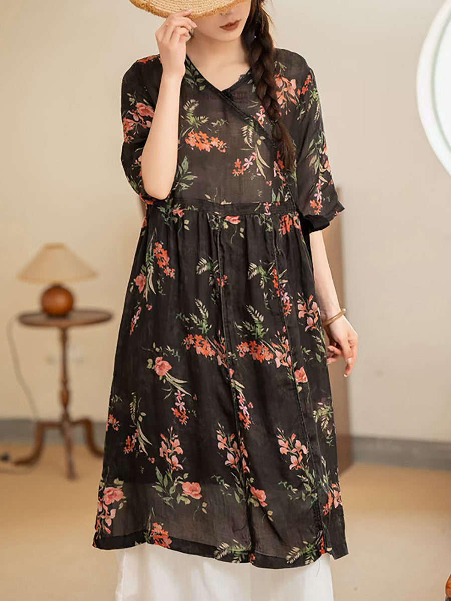 Women Summer Vintage Flower Strap V-Neck Ramie Dress