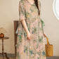 Women Summer Vintage Flower Strap V-Neck Ramie Dress