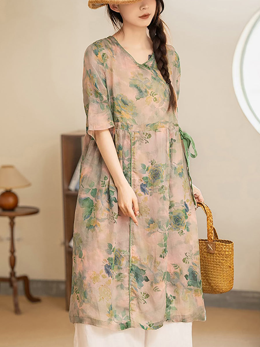 Women Summer Vintage Flower Strap V-Neck Ramie Dress