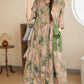 Women Summer Vintage Flower Strap V-Neck Ramie Dress