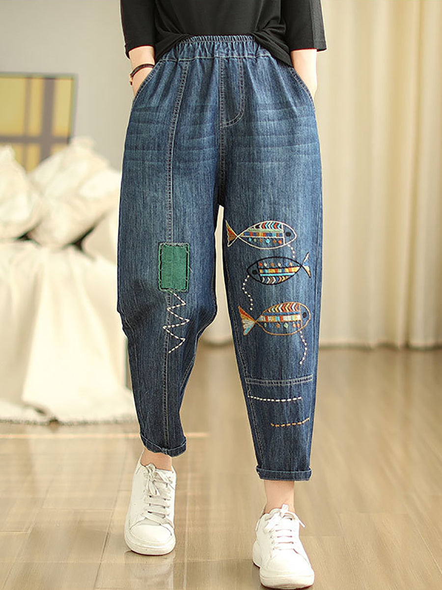 Women Summer Casual Fish Embroidery Denim Harem Pants