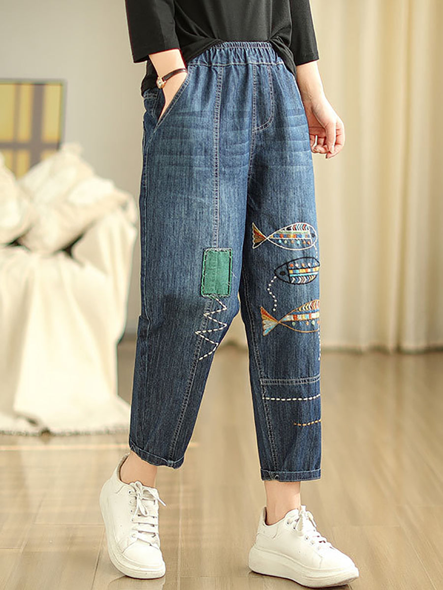 Women Summer Casual Fish Embroidery Denim Harem Pants