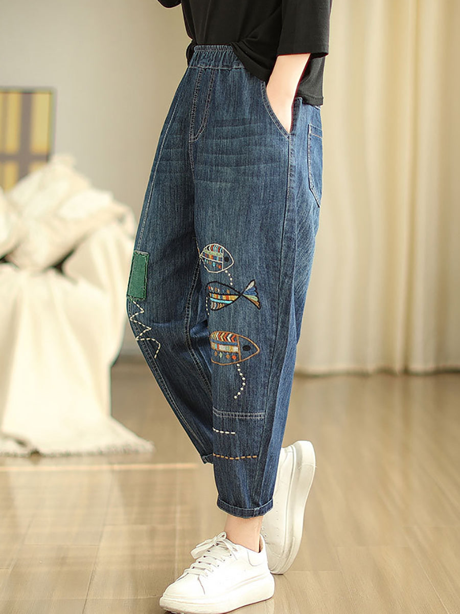 Women Summer Casual Fish Embroidery Denim Harem Pants