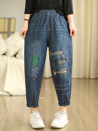 Women Summer Casual Fish Embroidery Denim Harem Pants