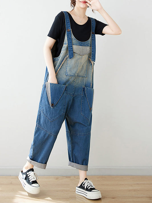 Women Summer Artsy Spliced Washed Denim Jumpsuits