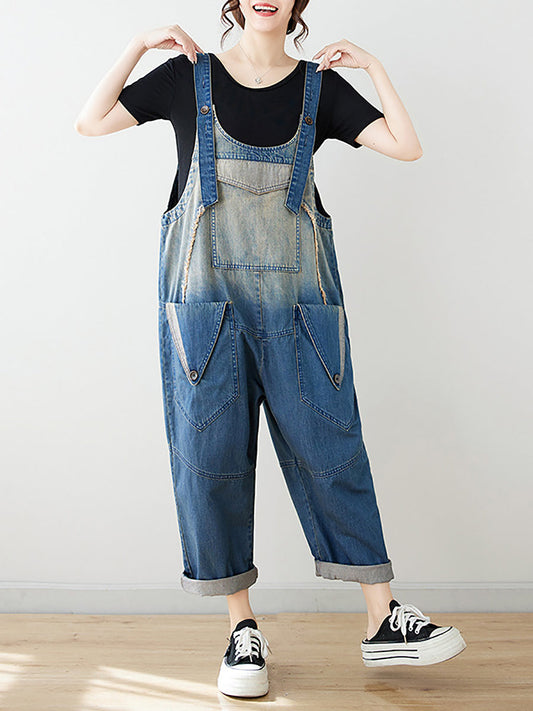 Women Summer Artsy Spliced Washed Denim Jumpsuits